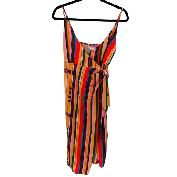 Urban Outfitters Flashing Lights/Stripes Midi Wrap Linen Blend Dress - Sz S - Picture 1 of 12